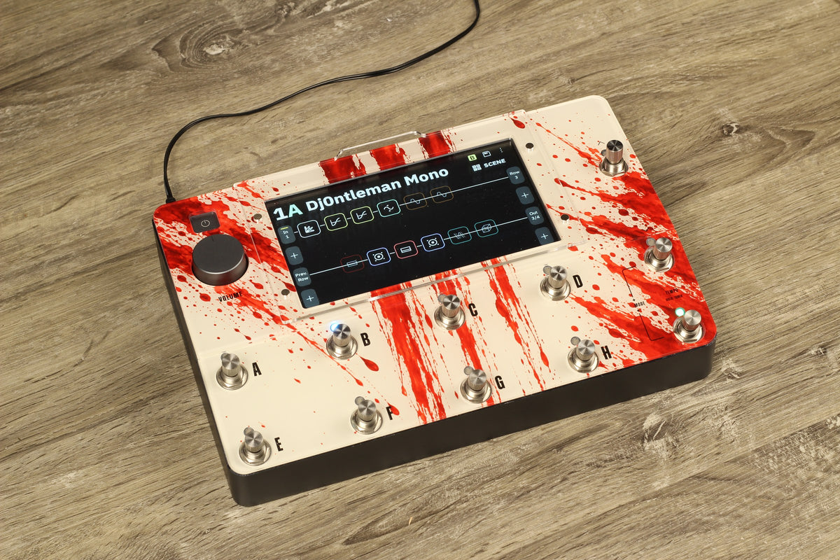 Neural DSP Quad Cortex Design Line protector, Red Splatter print, angled view