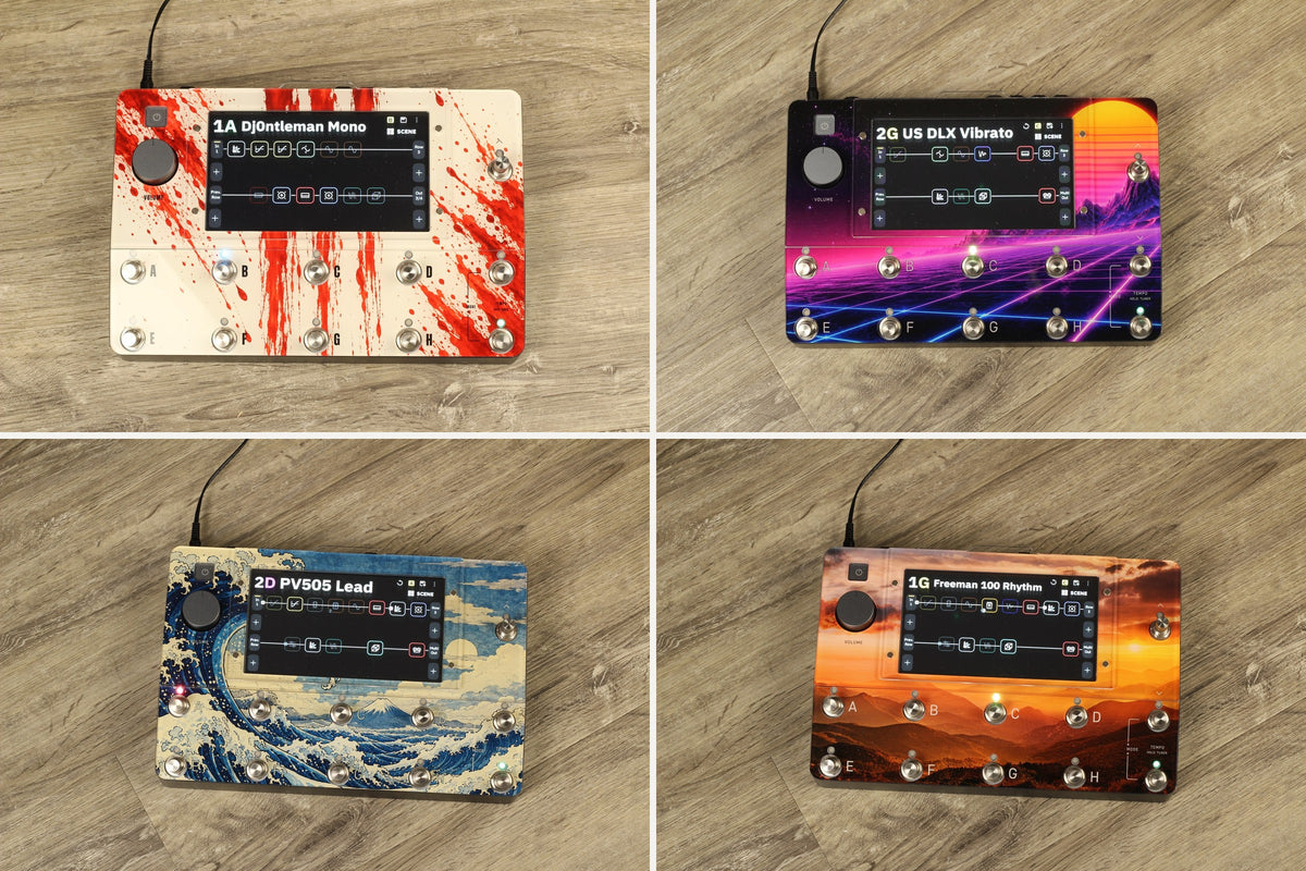 Four Quad Cortex Design Line protectors with different prints, examples of what a custom print can look like