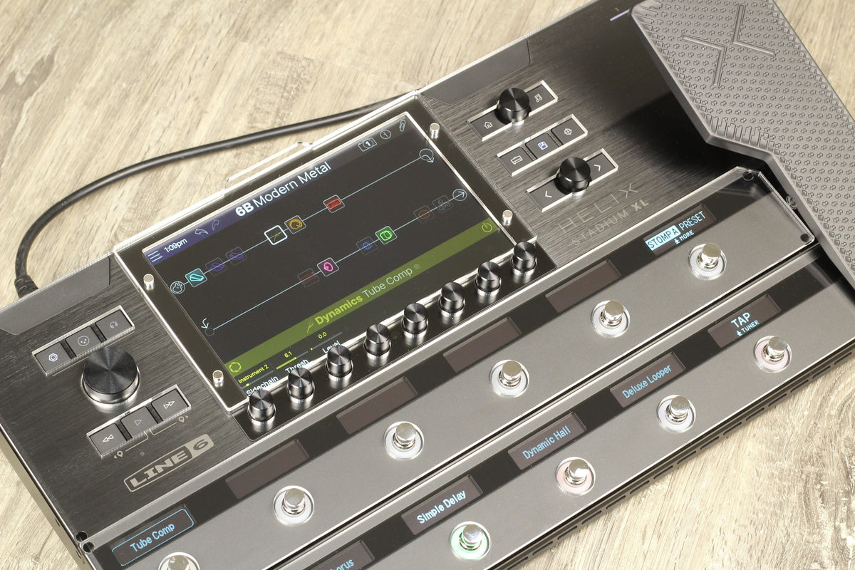 Line 6 Helix Stadium XL from above, the display clearly readable through the clear acrylic cover